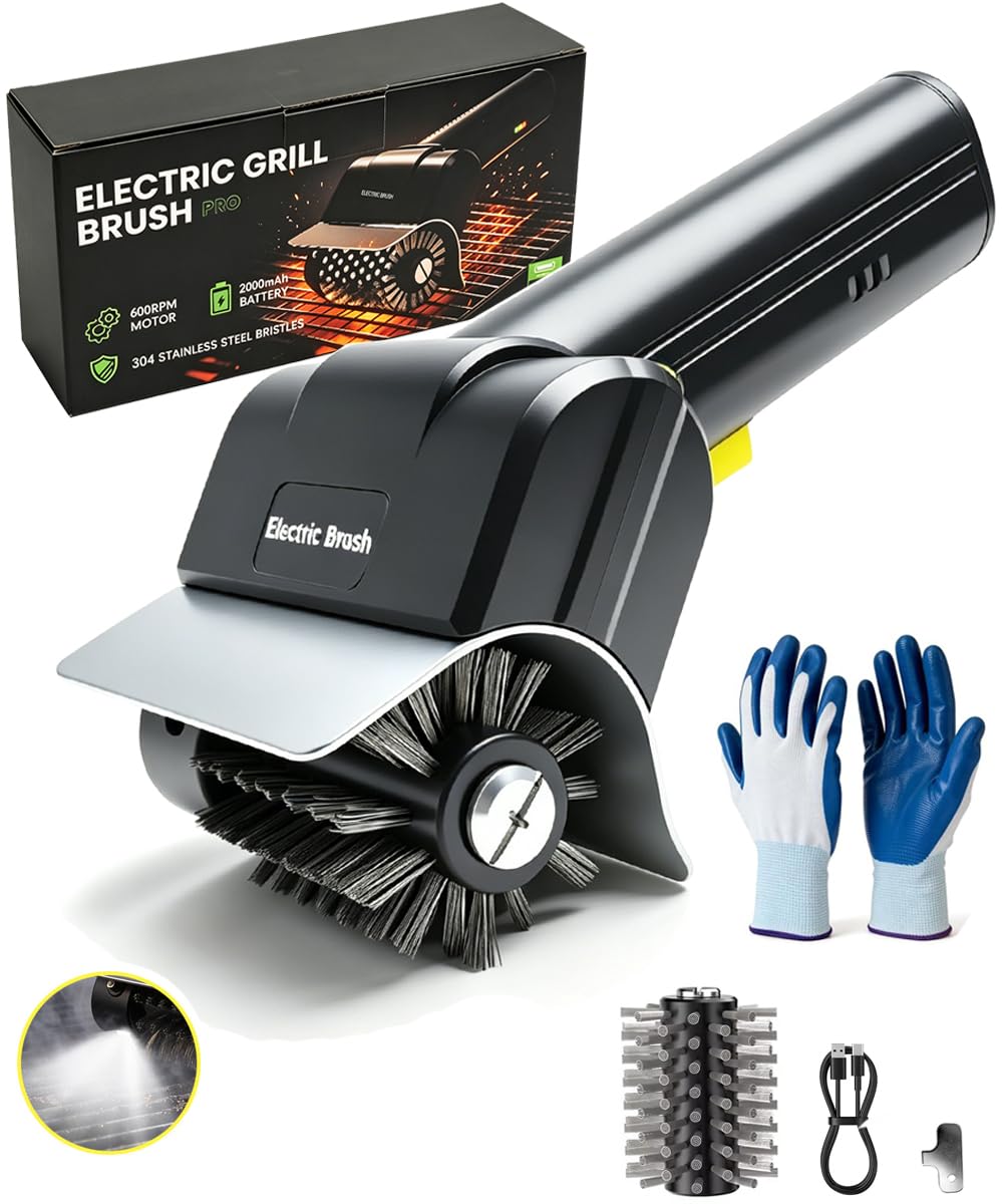 Elektrische Grillbürste, 600 U/min, kabelloser Grillreiniger, 2000 mAh Typ-C Schnellladung, abnehmbarer Kopf aus 304 Edelstahl, LED-Nachtreinigungslicht, für Hinterhof, Camping, Grillliebhaber