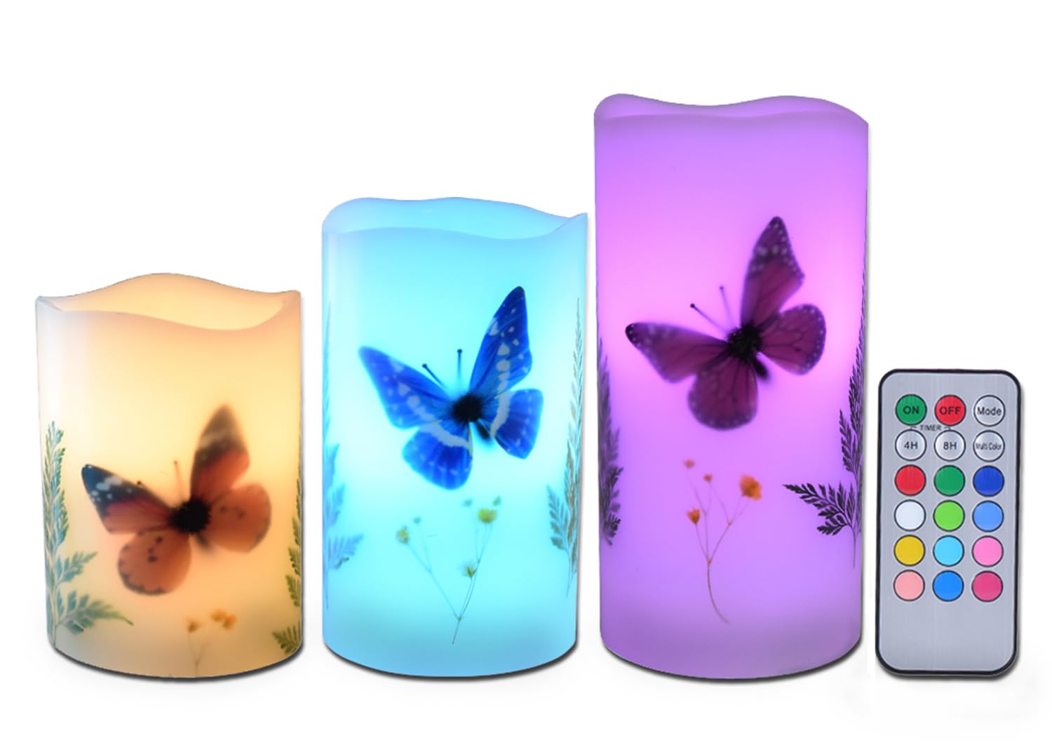 UNIVELA Candles Set of 3 Flameless 4" 5" 6" Unscented Tealight Butterfly Flower Plants Decor Real Wax Pillar Candle Led Lights 12 Color Changing 4H 8H Timer Remote Control AAA Batteries Operated