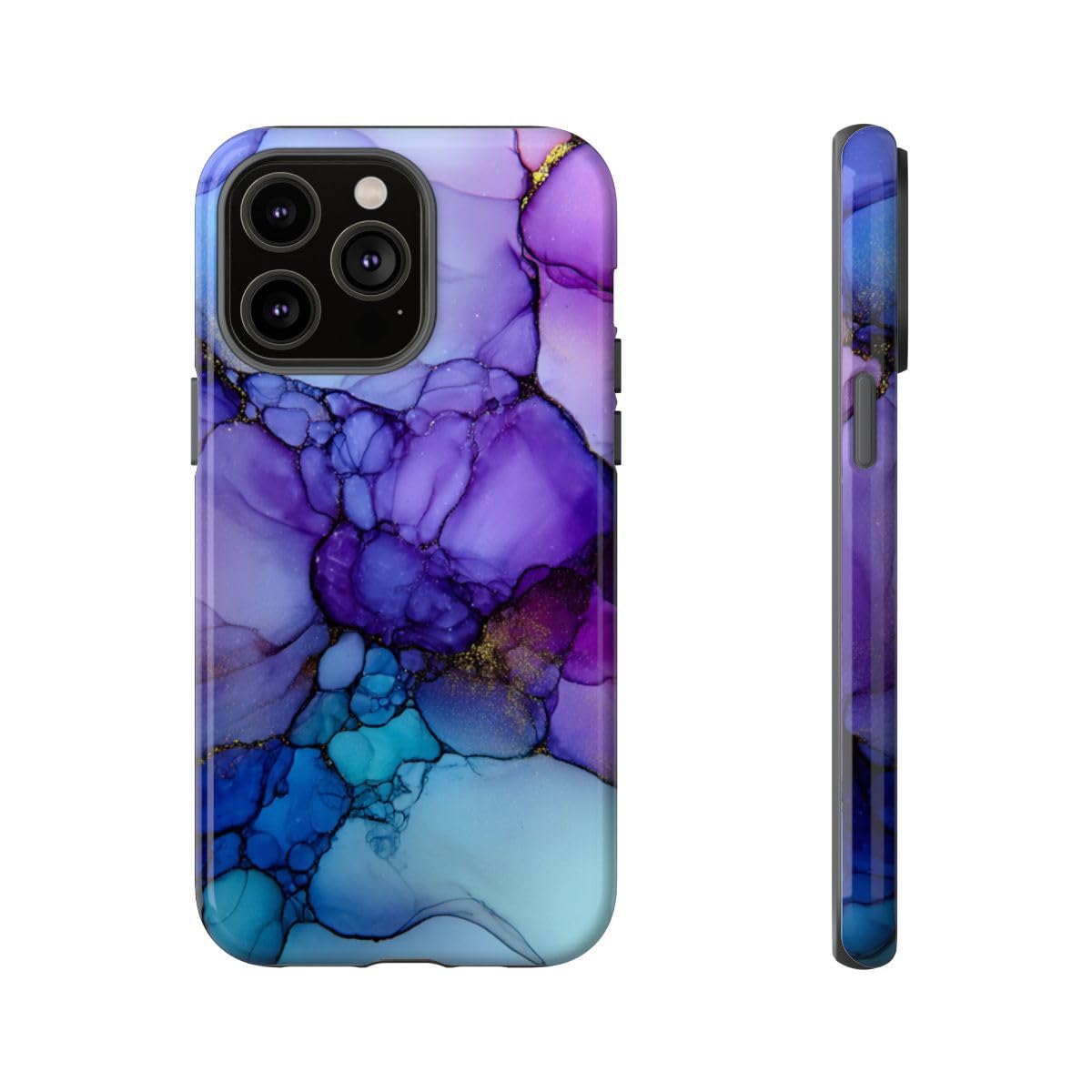 Coque iPhone 14 Pro Max encre à l'alcool violet bleu vif - Protection rigide brillante