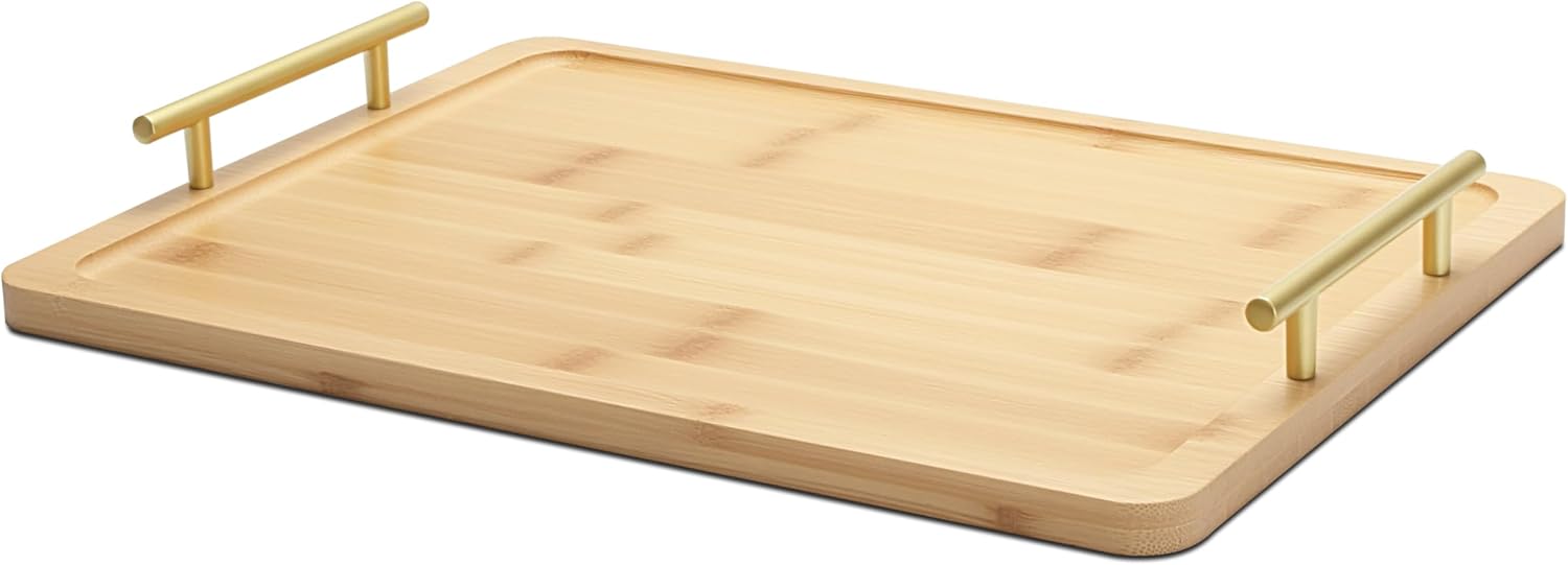 Serving Tray with Handles, 15"x11.4"x1.75" Large Bamboo Serving Tray for Ottoman Coffee Table, Home Decor Trays for Breakfast,Bathroom,Drink