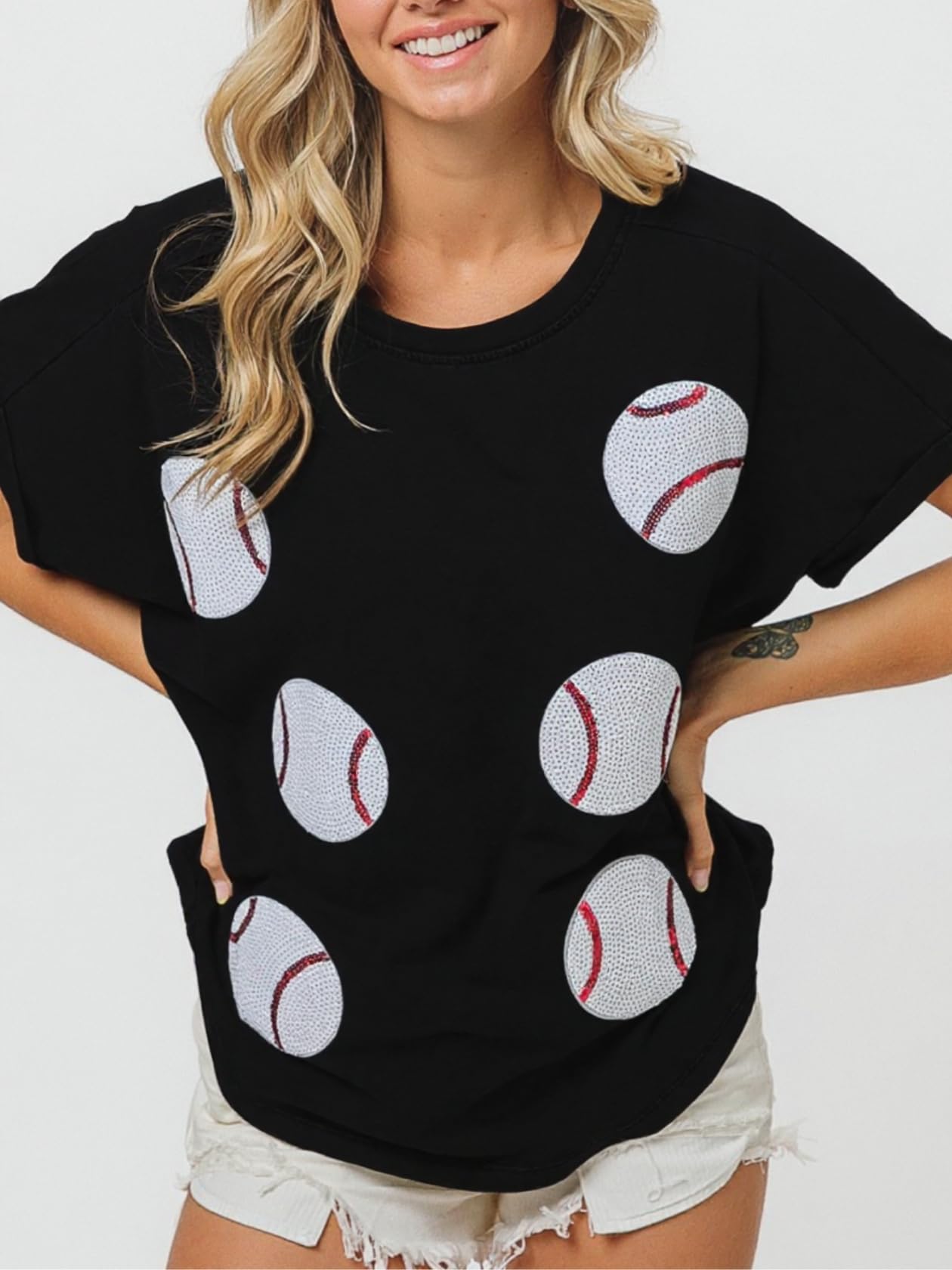 Maglietta da donna con paillettes luccicanti da baseball, maglietta a girocollo oversize a maniche corte lavate