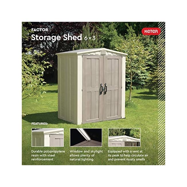 Keter Factor 6x3 Outdoor Storage Shed Furniture Garden Tools Bike Accessories Beach Chairs and Push Lawn Mower