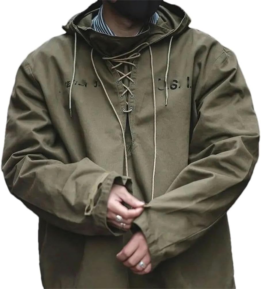 Spring Autumn Retro Cargo Drawstring Pullover Hood Hoddies Male Coat Work Clothes