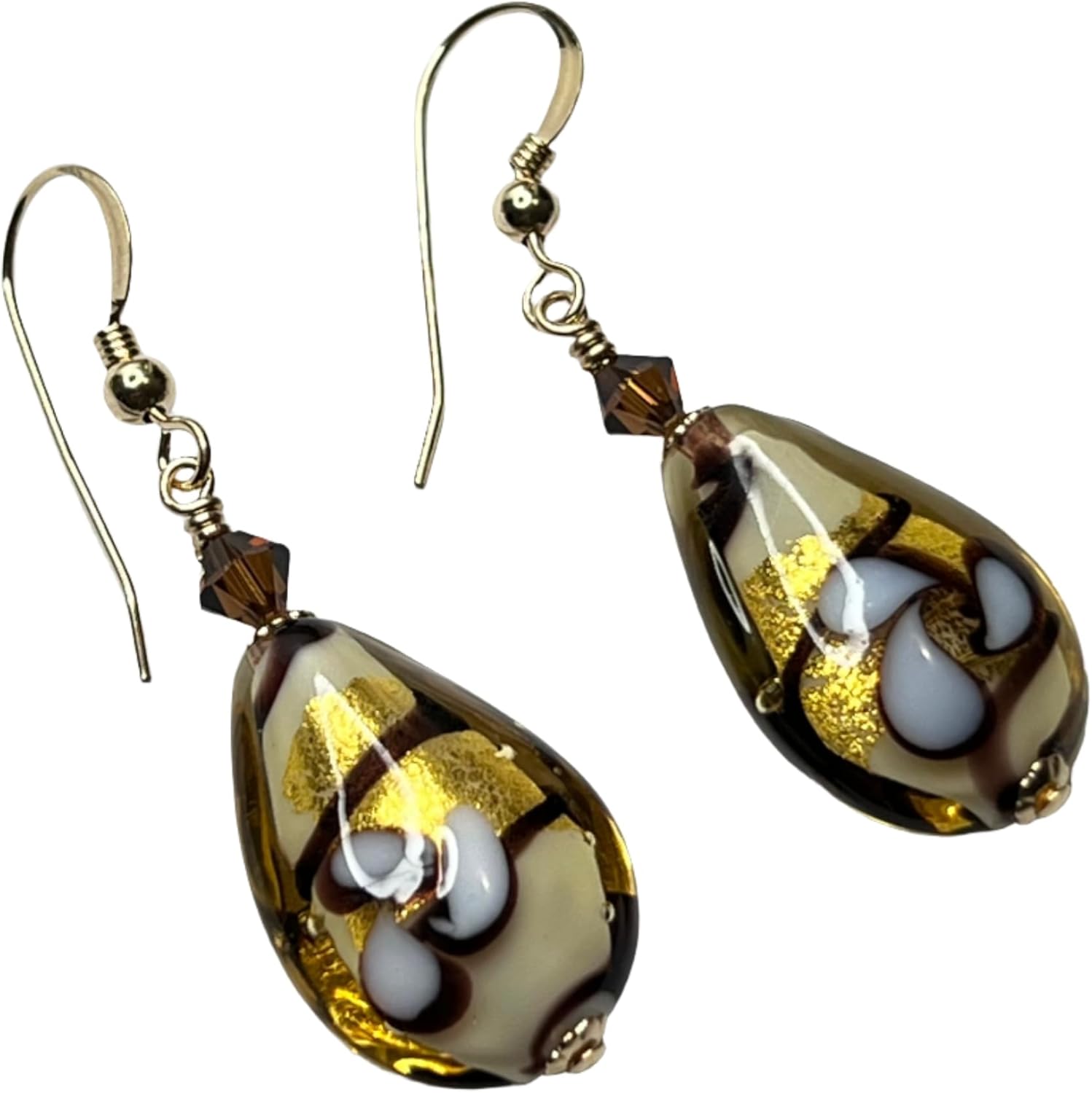 Murano Glass Topaz Brown Flower Teardrop Gold Earrings
