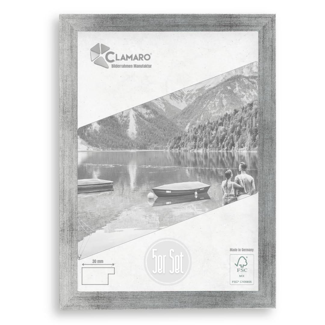 CLAMARO "COLLAGE" zestaw 5 ramek na zdjęcia DIN A5 (14,8 x 21 cm), ręcznie robione na wymiar | Srebrne szczotkowane | Nowoczesne kwadratowe ramki z płyty MDF z drewna, zestaw 5 ramek na zdjęcia ze