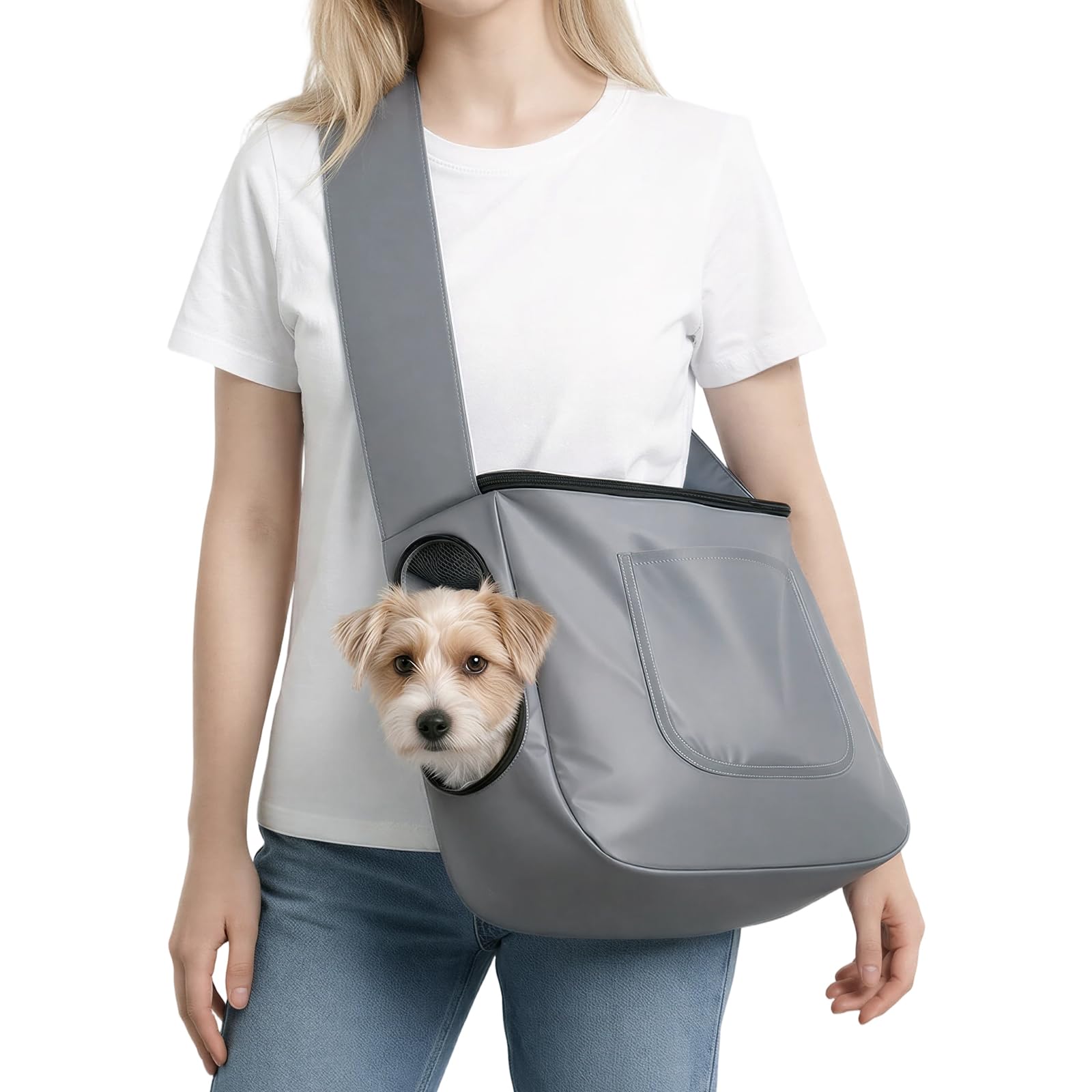 Sac de transport pour chien et chat gris avec harnais de sécurité réglable