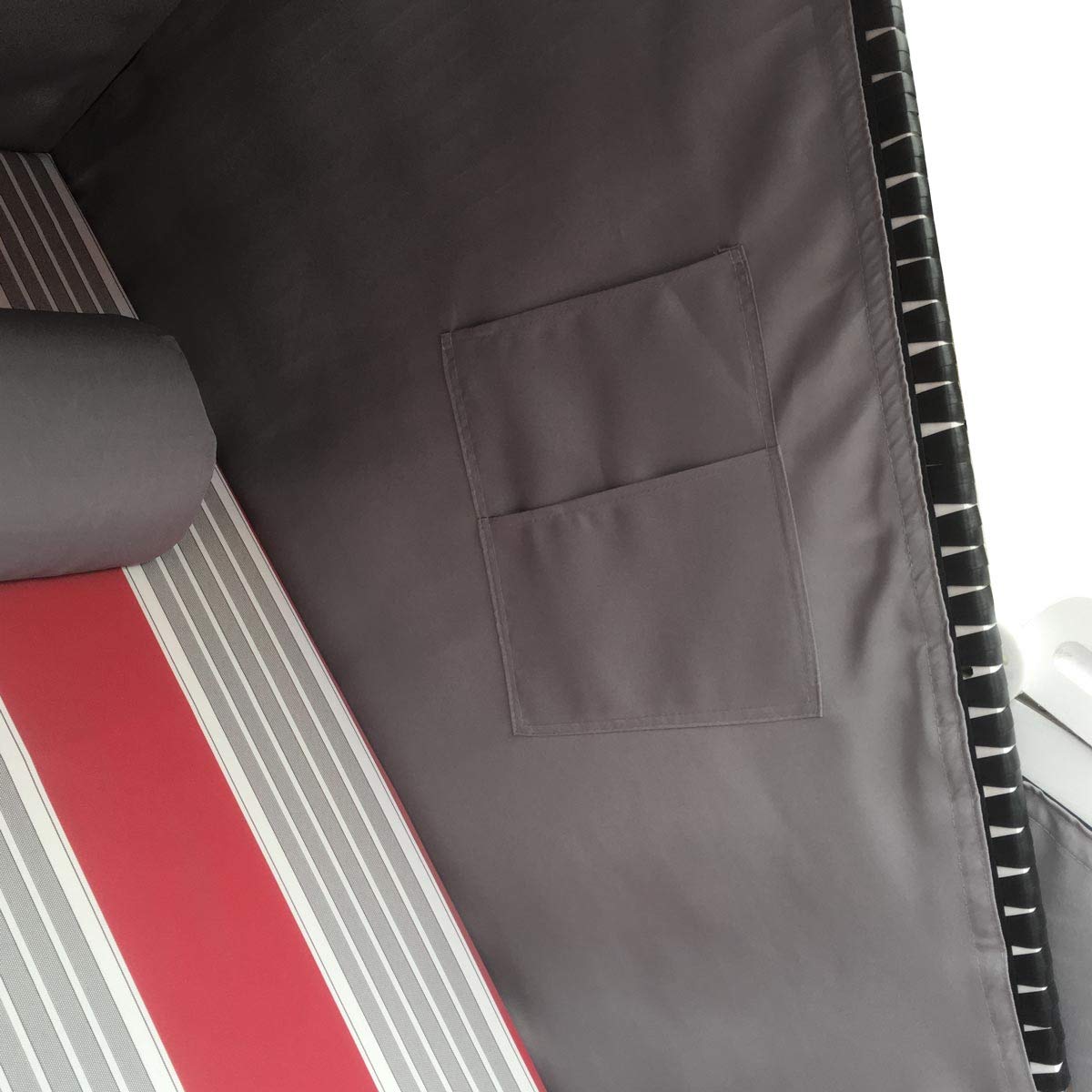 BRAST® Strandkorb Sylt XXL für 2 Personen 115cm breit mehrere Designs incl. wetterfeste Abdeckhaube verstellbare Rückenlehne Fußkissen Farbe Rot/Grau/Weiß gestreift