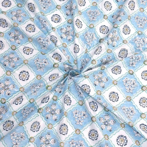Image of TOAI Hand Block Printed Bedsheet | Bed Spread Flatsheet Bed Sheet | Pure Cotton | Double Bed King Size 108 inchx108 inch | 300 TC Long Staple Cotton | 2 Reversible Pillow Covers |Small Blue Jaal