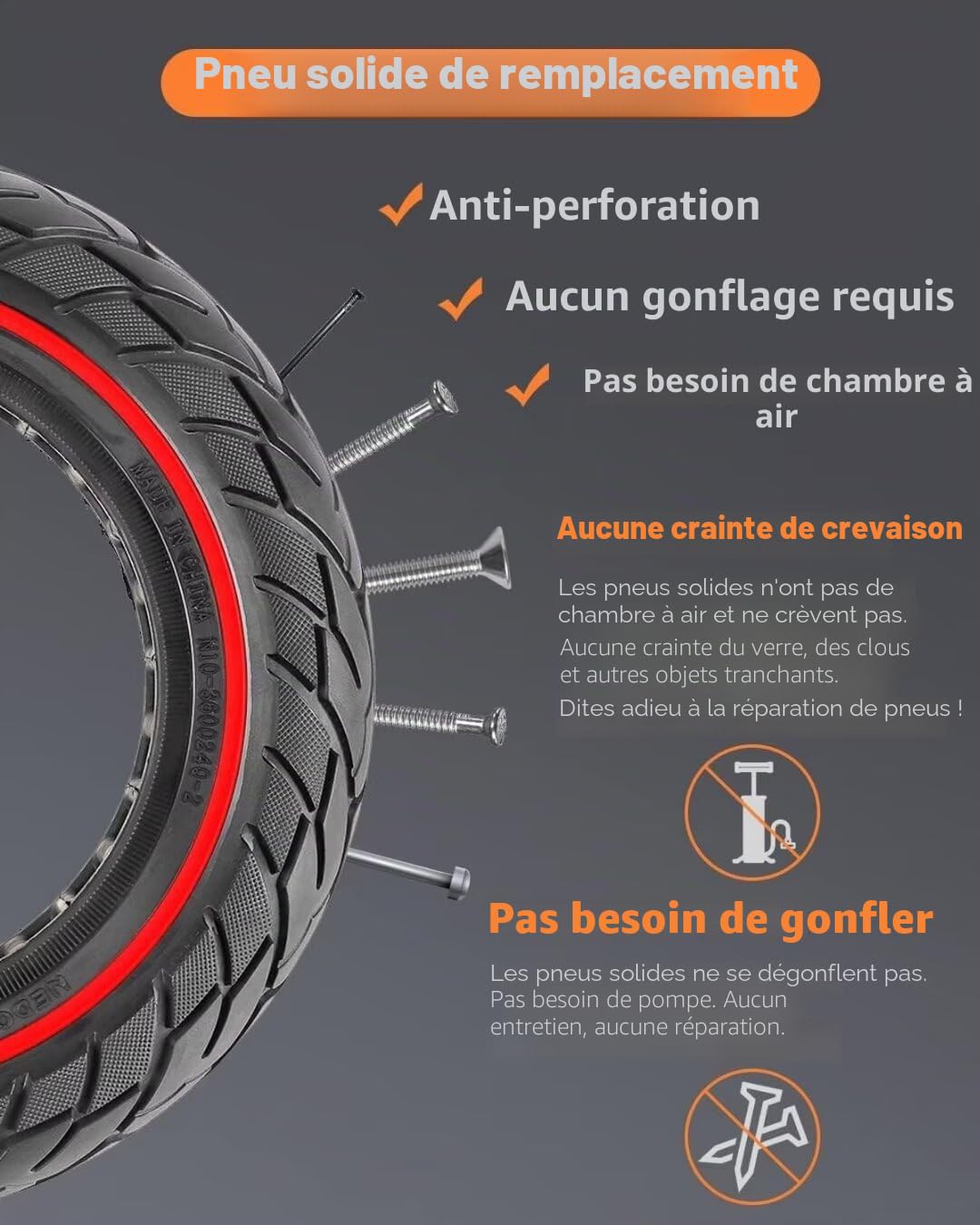 Pneu Plein 10 Pouces 10 x 2,125, Pneu Increvable 10x2.125, Roue Pleine Trottinette 10 Pouces avec Démonte-pneu Manuel, Anticrevaison & Zéro-Entretien & Haute Durabilité,（Slot 34-36mm）, 2PCS