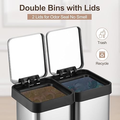 Miniatura 2 de Cubo de basura y reciclaje doble de 13 galones, de acero inoxidable a prueba de huellas dactilares con doble tapa, cubo de basura con pedal para