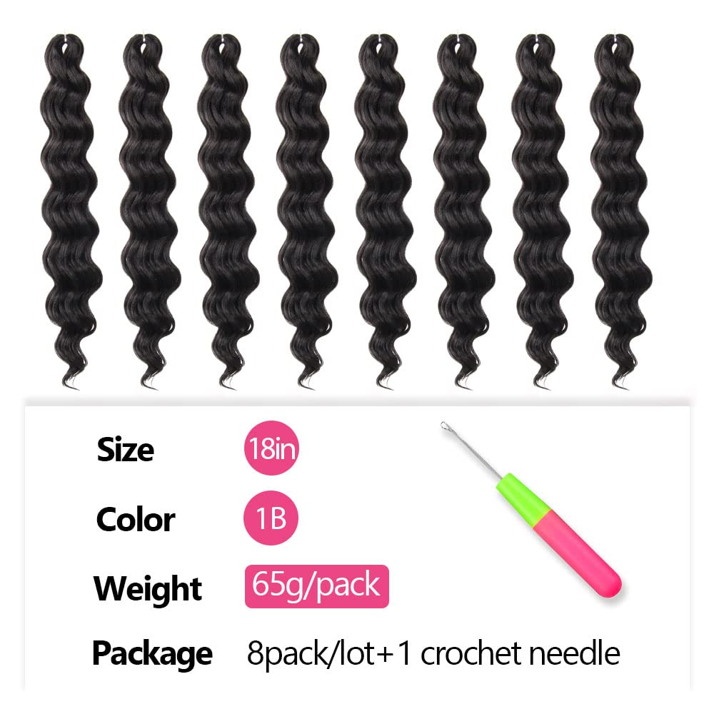 Ocean Wave Crochet Hair 18 Inch 8 Packs Soft Water Wave Crochet Braids Synthetic Black Wavy Braiding Hair Extensions (1B)