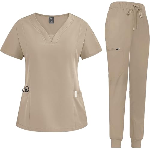 niaahinn Scrub Suit Set for Women Modern V-neck Top & Tapered Leg Jogger Pants with Drawstring Medical Nursing Uniforms Set