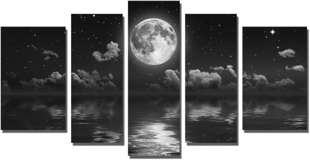 Yin Art Black Seascape Canvas Wall Art Decor 5 pcs - Cloudy Starry Sky Skyline with Full Moon Over the Sea Ocean Water Picture Photo on Canvas for Home Decoration - Stretched and Framed Ready to Hang