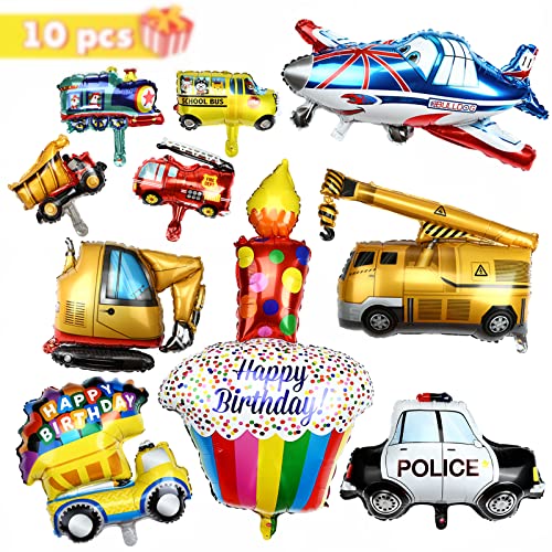 LEMESO Decoration Anniversaire Garçon 10pcs Ballons Anniversaire Véhicule, Géant Voiture de Police Excavatrice Avion Ballon D'Aluminium pour Deco Anniversaire Enfant Cover