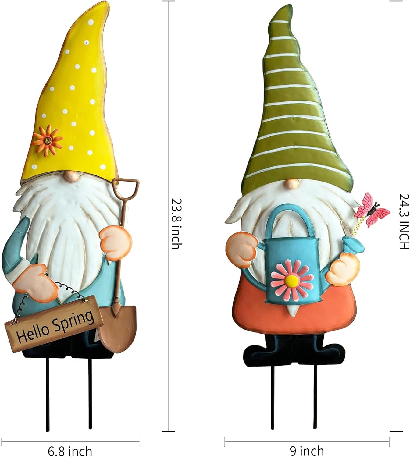 Metal Gnome Decorative Garden Stakes,23.8” Set of 2 Spring Garden Gnomes Outdoor Decor with Flower Butterfly Watering Can Ornament, Gnomes Decorations for Yard Lawn Backyard Porch Outside Decorations