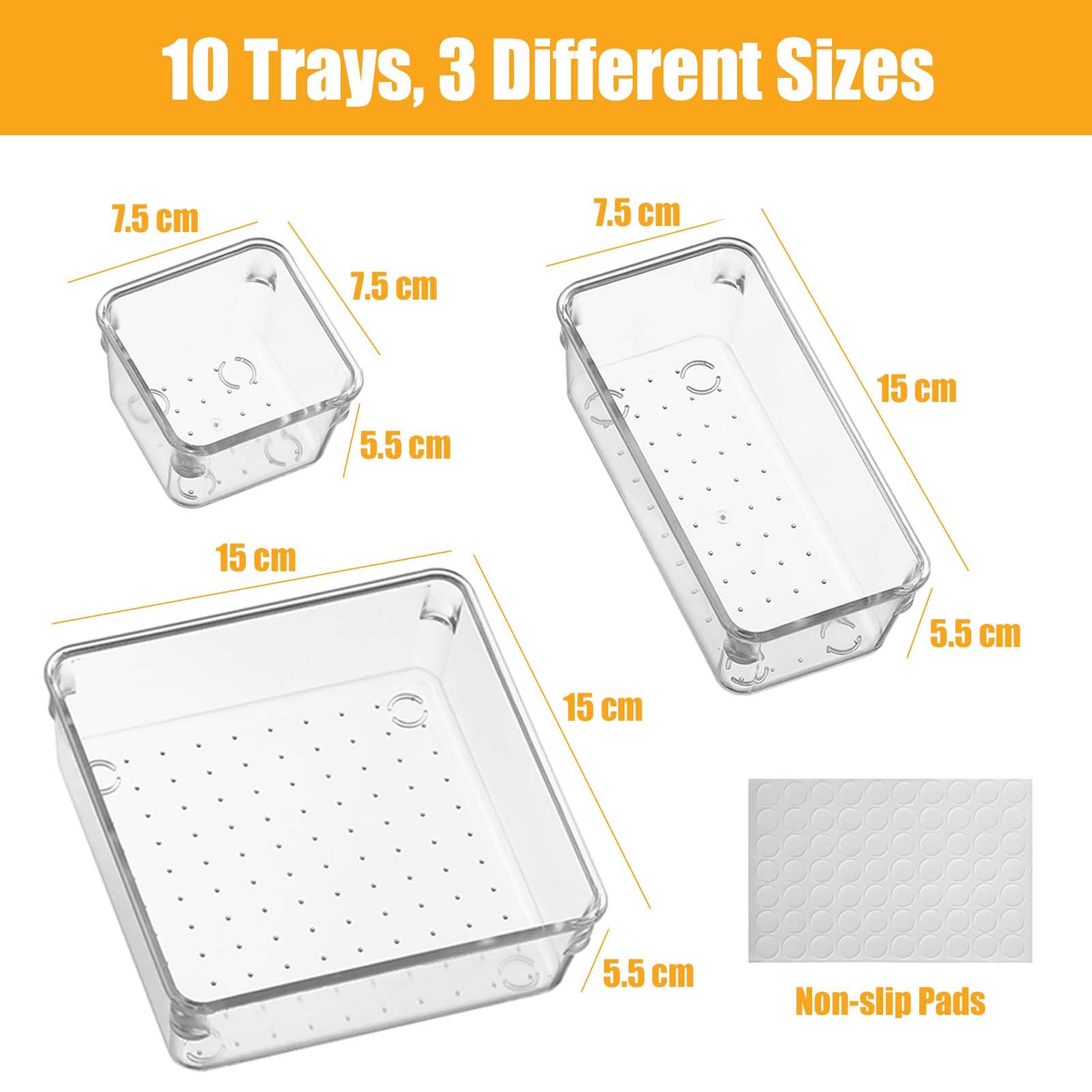 Famhap Organizer Cassetti Plastica Trasparente, Scatole Plastica Organizer con Set di 10 Pezzi, Contenitori per Cassetti Salvaspazio per Scrivania, Cucina, Bagno, Trucco