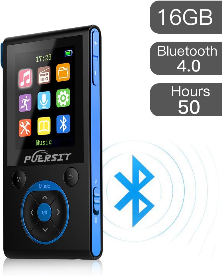 16GB MP3 Player,HiFi Bluetooth MP3 Player 50 Hours Playback Portable Music Player Lossless Sound Media Player By Puersit (Black+Blue)