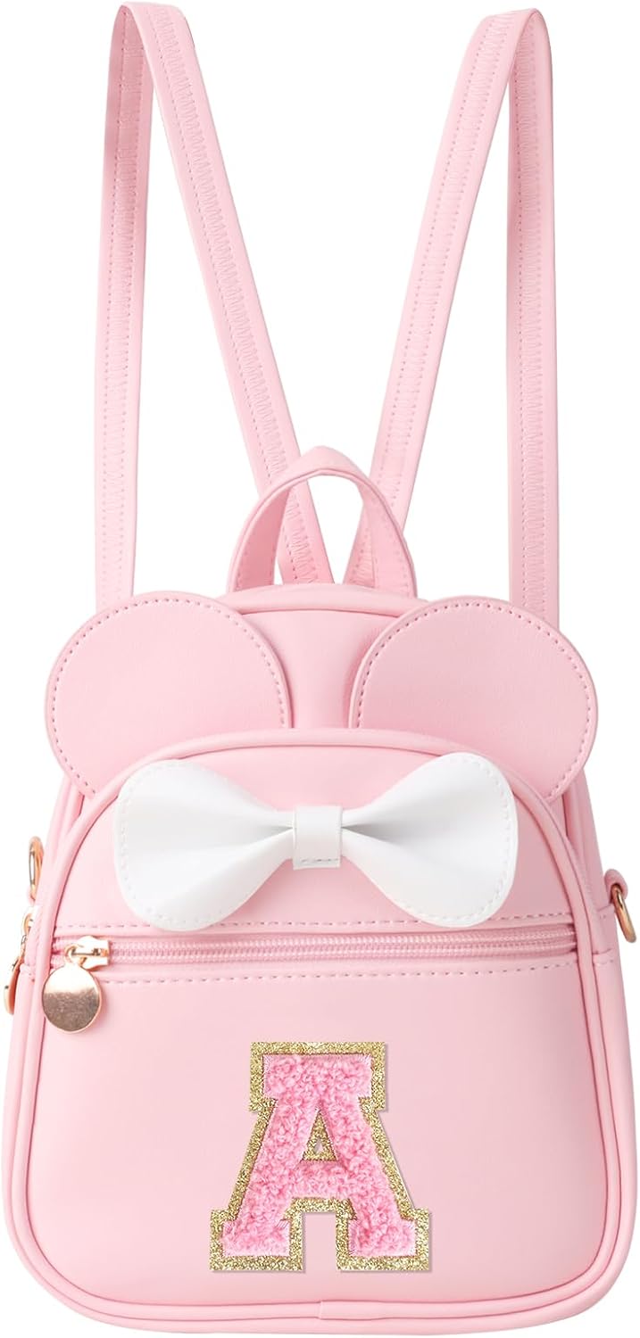 Personalized Toddler Backpack for Girls 3–10, Cute Mini Bowknot Mouse-Ear Toddler Bookbag Crossbody Purse, Small Daypack Wallet Set, Initial Birthday Gift, Trendy Little Kids/Teen Bag(Pink,A)