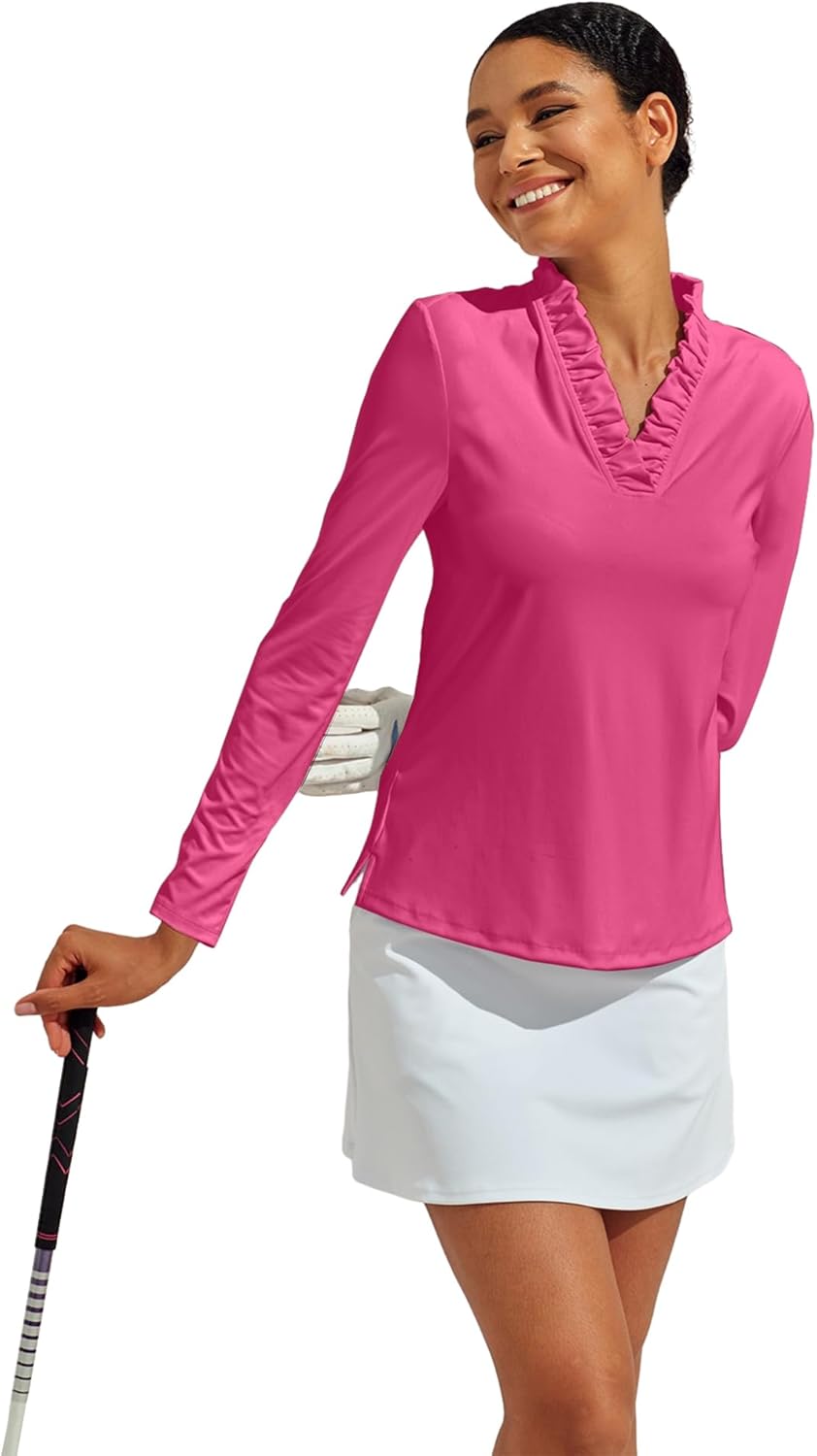 ACEGOLFS Womens Golf Polo Shirts Casual Ruffle V Neck Long Sleeve Tops for Women UPF 50+ Rash Guard Ladies Pullover Shirt