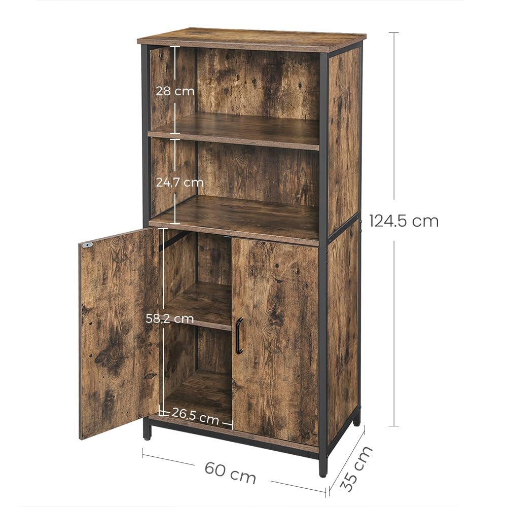 VASAGLE Meuble de Rangement, Buffet, Bibliothèque, 2 Compartiment Ouverts, Étagères Réglables, Cadre en Acier, pour Salon, Cuisine, Bureau, Marron Rustique et Noir LSC66BX