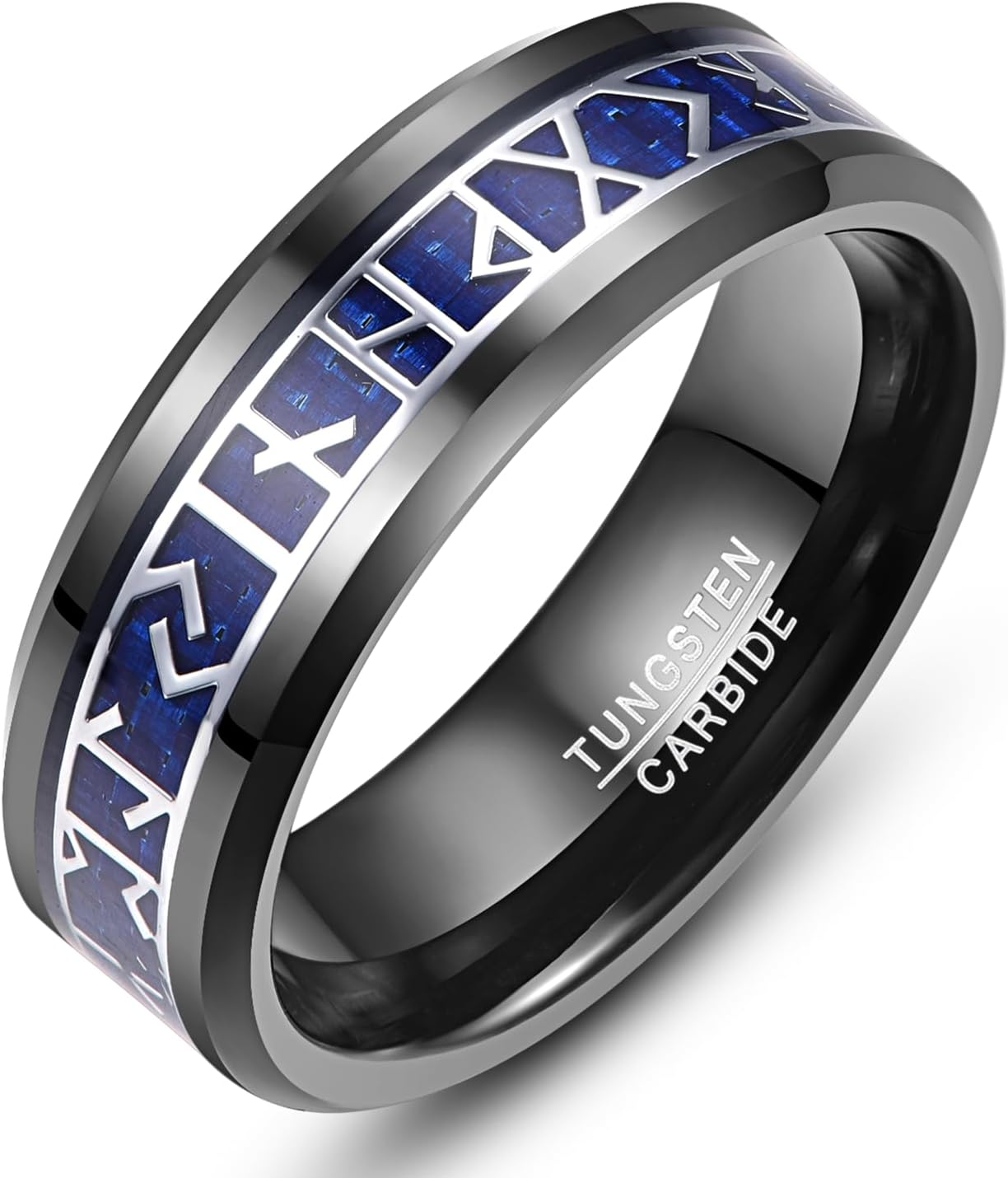 TUNGSTORY Norse Viking Rune Rings for Men 8mm Silver Mens Tungsten Wedding Bands Wood/Carbon Fiber Ring with Beveled Edges Comfort Fit Size 6-13