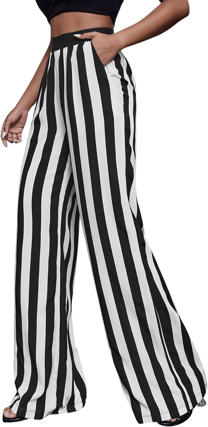SweatyRocks Women's Striped Extra Long High Waited Wide Leg Pants Loose Casual Trousers with Pockets - Image 4