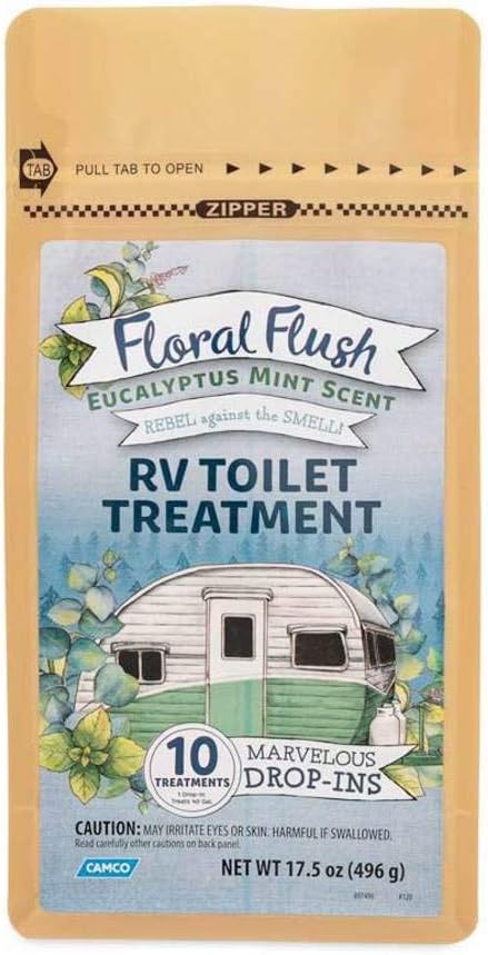 Camco 41492 Floral Flush RV Toilet Treatment Drop-Ins, Eucalyptus Mint Scent - Eliminates Odors and Breaks Down Waste - One Drop-in Treats Up to a 40-Gallon Tank - (10) Drop-Ins Per Bag
