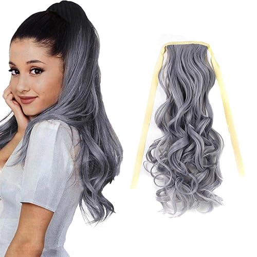 Extensiones de cabello corto gris claro y blanco con clip, extensiones de cola de caballo gris plateado para niñas y mujeres, extensión de cola de