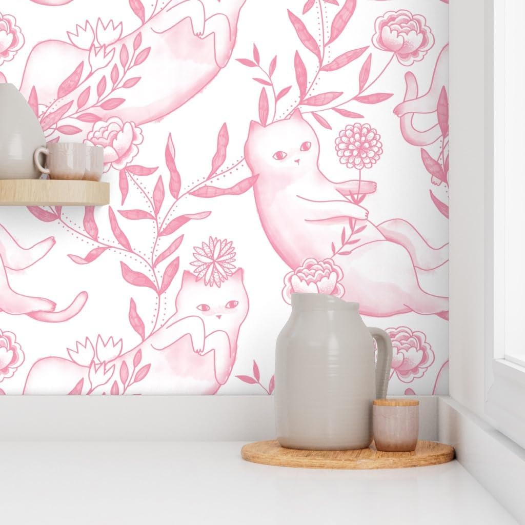 Spoonflower Peel & Stick Wallpaper 3ft x 2ft - Toile Cats Pink Funny Kittens Custom Removable Wallpaper