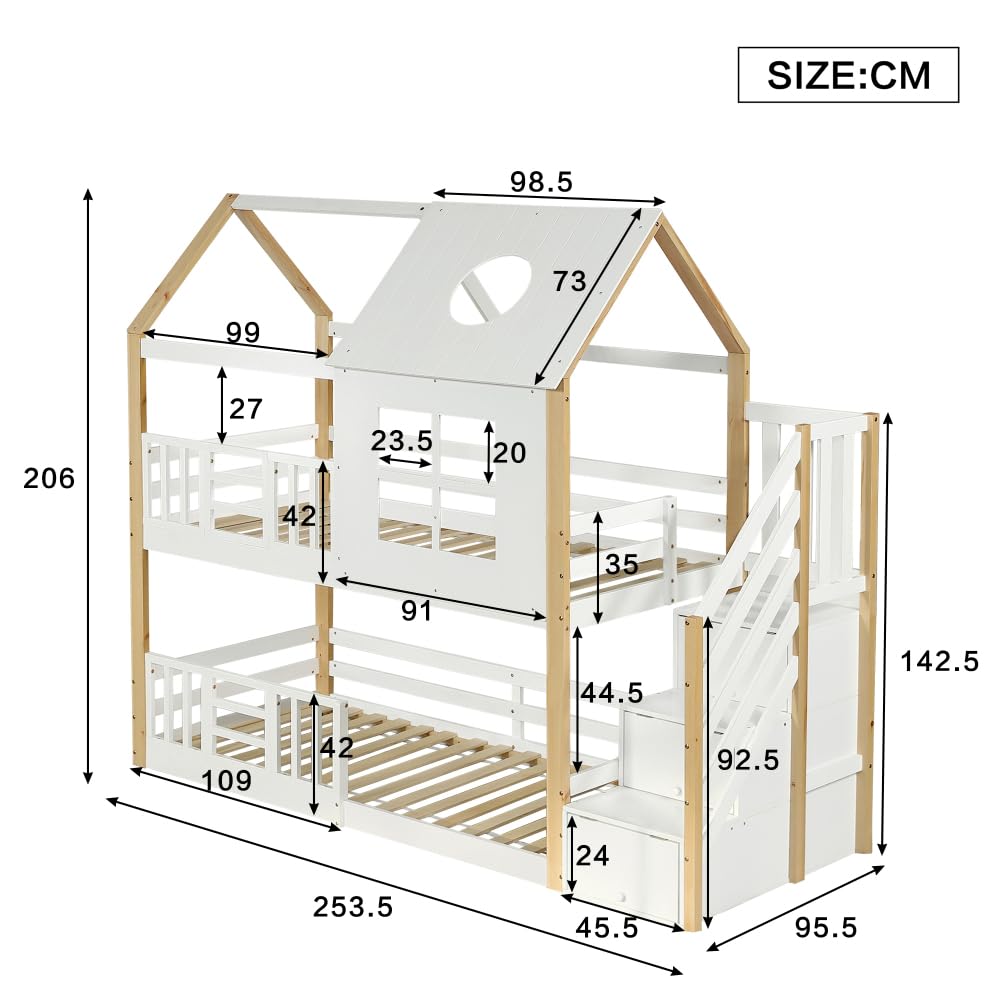 Litera para niños de 90 x 200 cm, con escalera de almacenamiento y techo, barrera anticaídas, diseño de ventana para habitación infantil