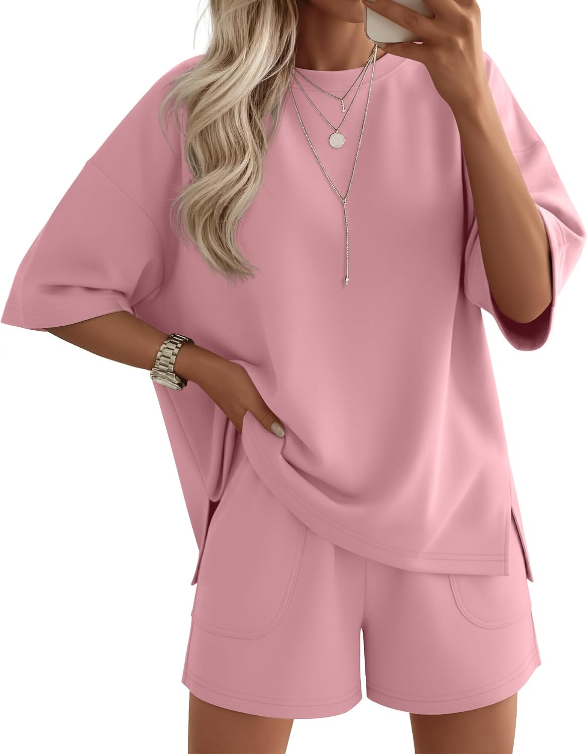Women's 2 Piece Summer Sets Oversized Short Sleeve Shirts and Elastic Waist Shorts Casual Workout Lounge Outfits