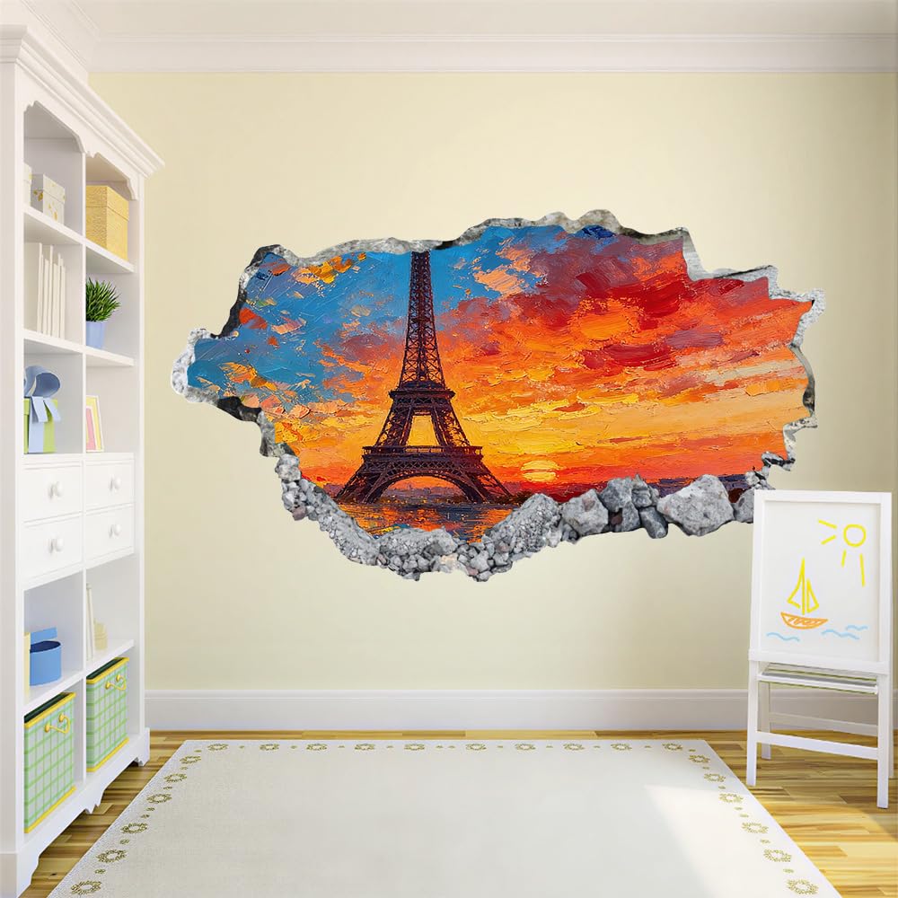 3D Wandtattoos Durchbruch Wandbild Eiserner Turm Kinderzimmer Aufkleber Wandaufkleber Gemalte Sonnenuntergangslandschaft Wandsticker für Kinderzimmer Junge Zimmer Wohnzimmer Schlafzimmer