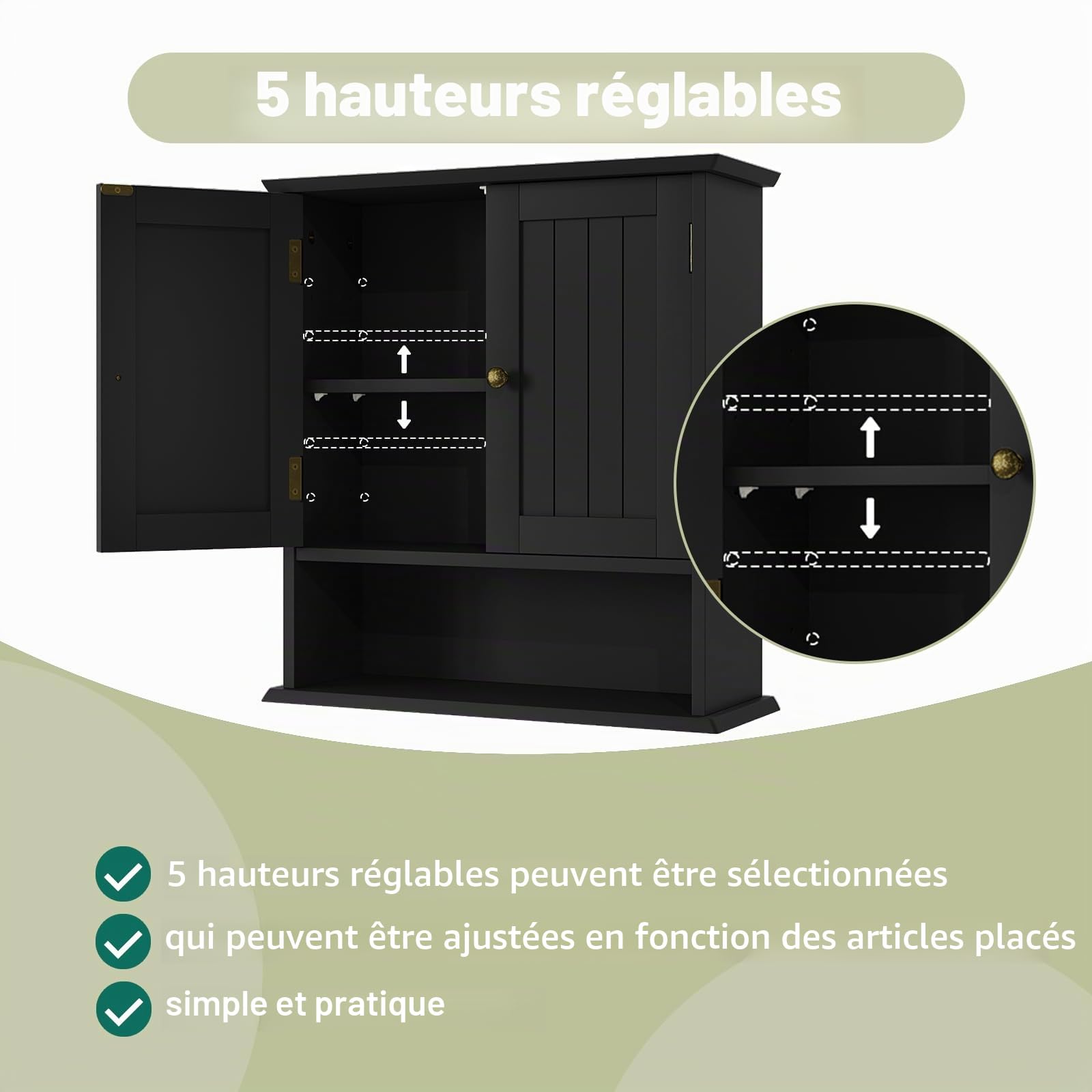 Smuxee Armoire de Toilette Murale Noire pour Petit Espace - Meuble Salle de Bain Suspendu avec 2 Portes et Étagères Réglables - Range-Toilette Étanche pour WC, Buanderie et Cuisine