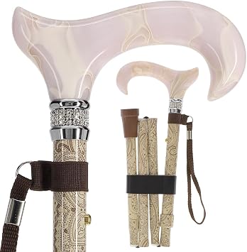 Royal RC Canes Designer Folding Bold Canes for Women, Creme Swirl Handle with Rhinestone Collar Adjustable Lightweight Aluminum Bold Walking Cane & Stick for Men and Women