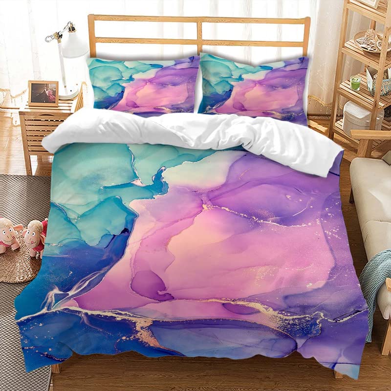 Jingzhang Marble Duvet Cover Sets 2Pcs?Purple Green Marble Bedding Sets with Zipper Vintage Purple Green Marble Microfiber Duvet Sets with 1 Pillow Sham,Twin Size