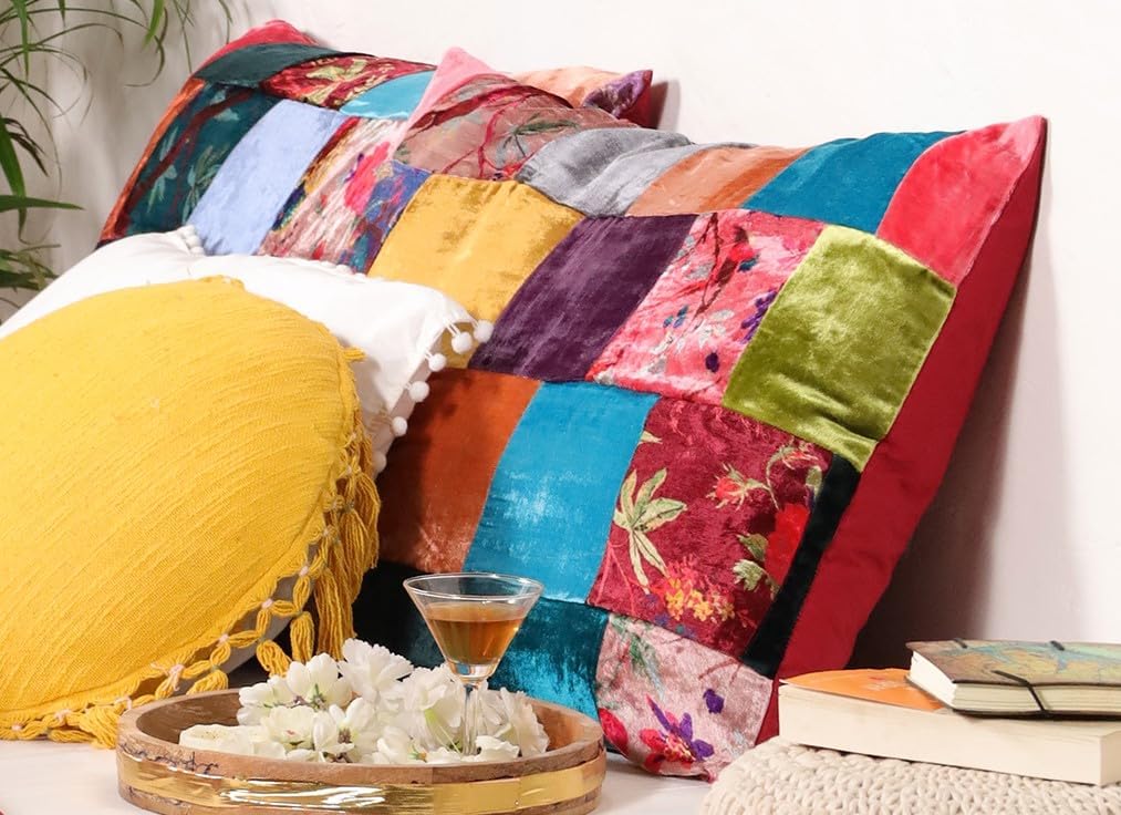 Luxe Boho Decor Art Pillowcase Set Solid Hippie Stylish UO Large Unique Velvet Pillow Cover Set of 2 (Patch Assorted, 26x26 Inches)