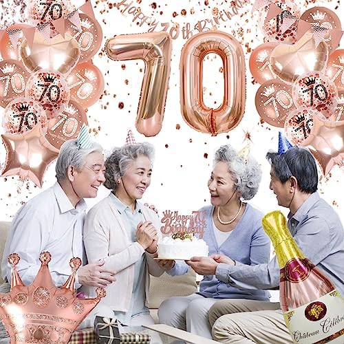 70th Birthday Decorations, Rose Gold Birthday Decoration, Women Birthday Party Decorations Set With 70th Birthday Balloons, Happy Birthday Banner, Champagne Balloon, Triangle Flag Banner