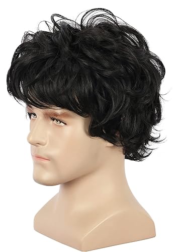 Miniatura 3 de yuehong Peluca corta y rizada negra para hombre, pelucas de fiesta de cosplay, peluca de pelo para disfraz de Halloween