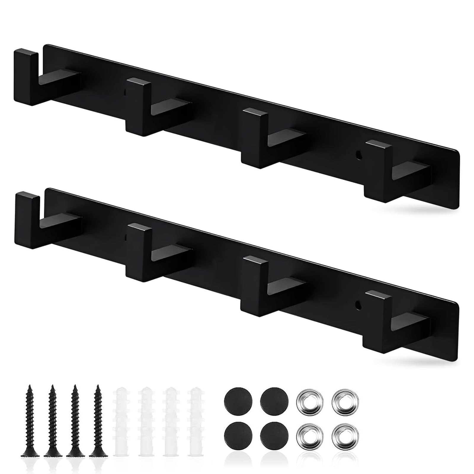 GWBPES 2 Pack Black Coat Hooks, 4 Hooks Door Hook Wall Mounted Self Adhesive and Screw Coat Key Rack Heavy Duty Towel Hook Key Holder for Wall for Coats Bags Bedroom Living Room