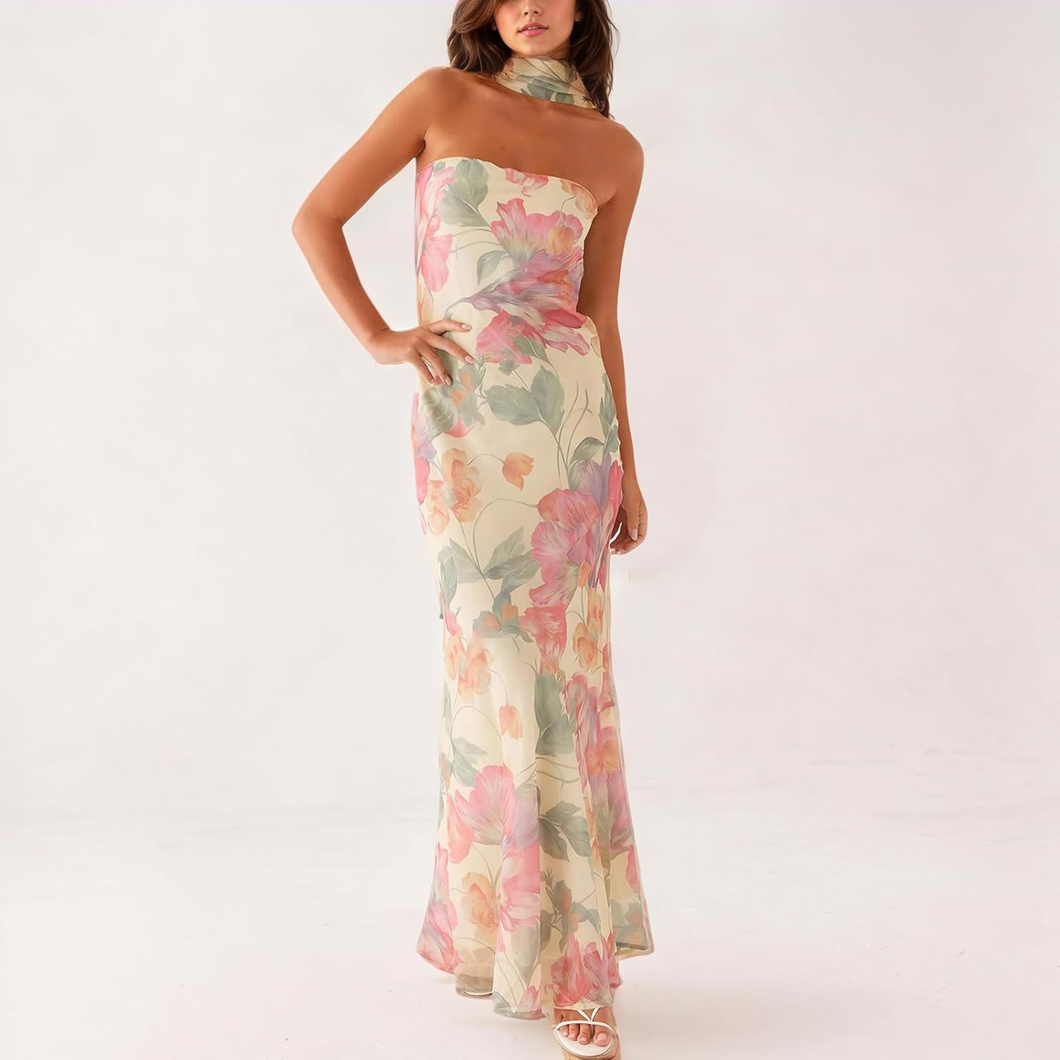 Women Floral Tube Maxi Dress with Scarf Summer Strapless Tube Bodycon Mesh Layer Cocktail Party Wedding Guest Dress - Image 5