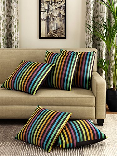 Image of Swayam Set of 5 Striped Print Cotton Multicolour Cushion Cover | 24 x 24 Inch | Soft Breathable Fabric with Hidden Zipper | Decorative & Stylish Cushion Covers for Sofa, Living Room, Bedroom & Couch