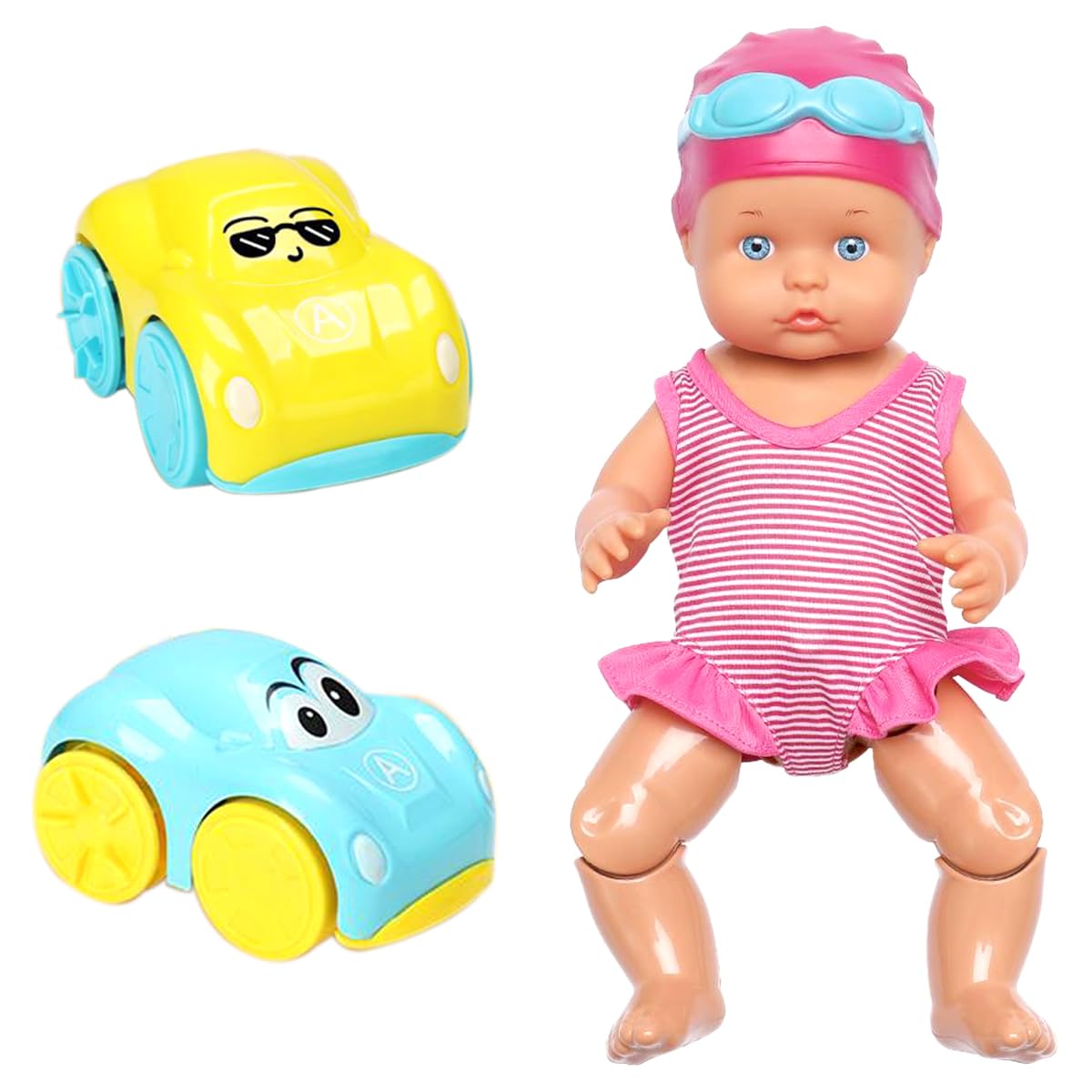 3-In-1 Bath and Pool Toys Electric Baby Born Swim Doll Waterproof with 2x Interactive Land and Water Wind-Up Cars Cartoon Cars Swimming Doll Baby Float Water Fun Summer Toys Kids