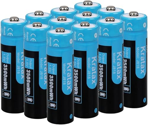 Kratax Baterías recargables de litio AA de 1.5 V, paquete de 12 baterías de iones de litio de alta capacidad de 3500 mWh, 1600 ciclos, larga