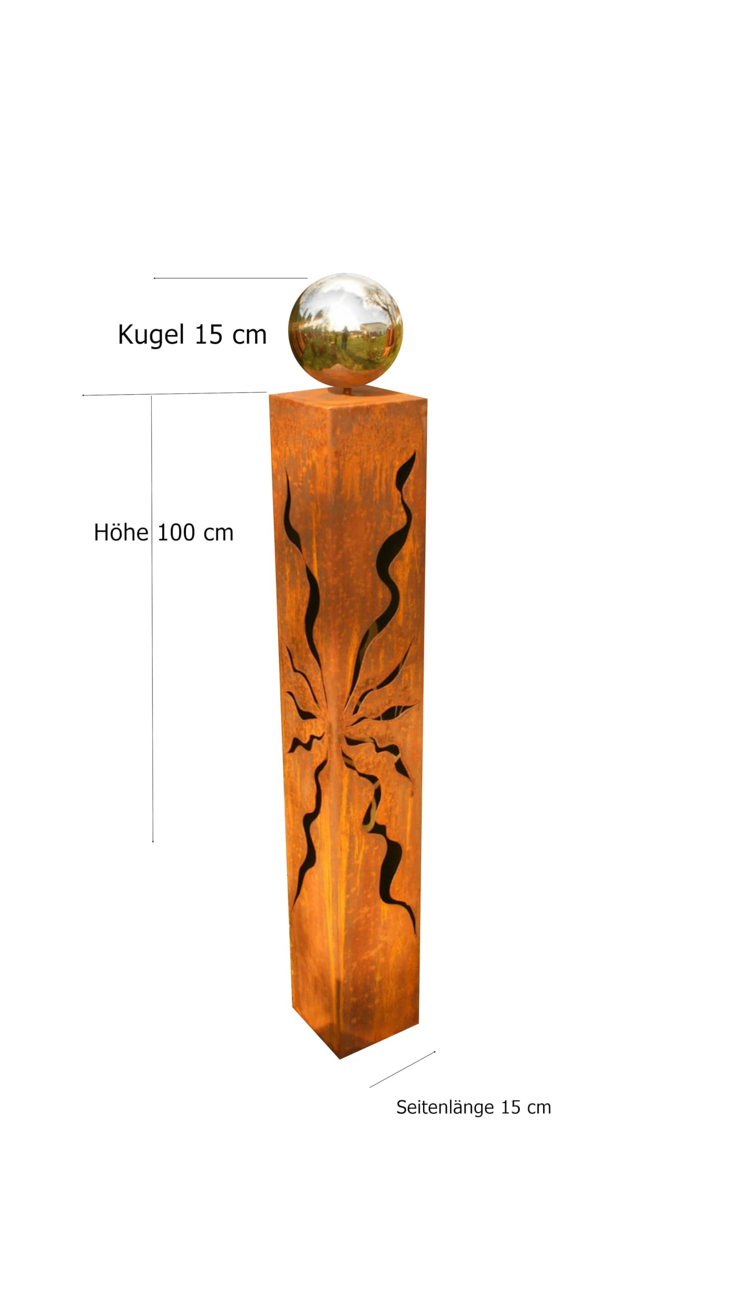 Edelrost Garten Deko Säule, 100 cm, mit Edelstahlkugel und Muster. Handgemachte Metallarbeit, Rost Säule aus Edelrost für draußen. Garten Geschenkidee. -