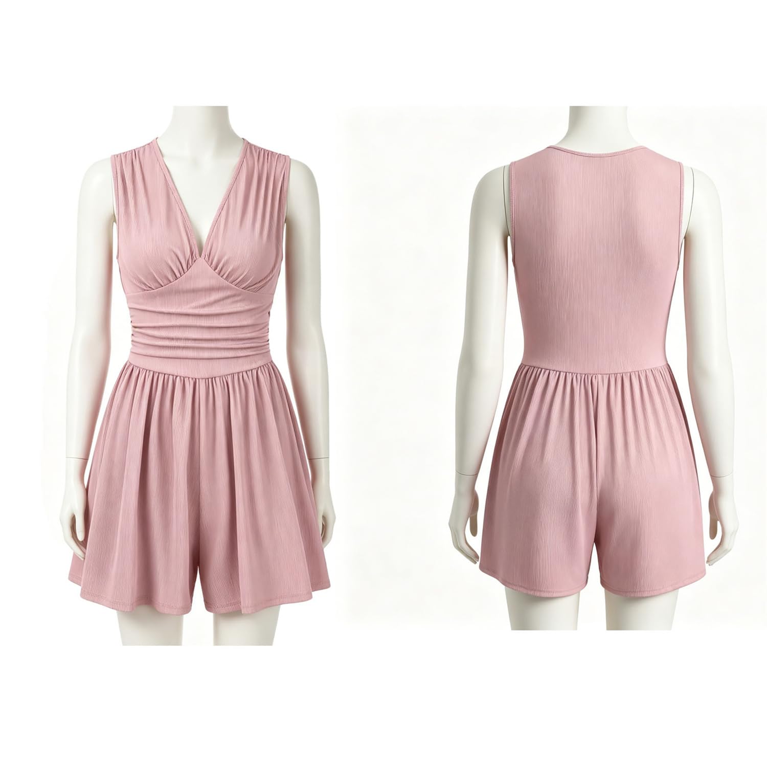 Romper da Donna Senza Maniche con Scollo a V e Vita Arricciata – Jumpsuit Corta Elegante con Scollo Profondo per Vacanze Estive al Mare