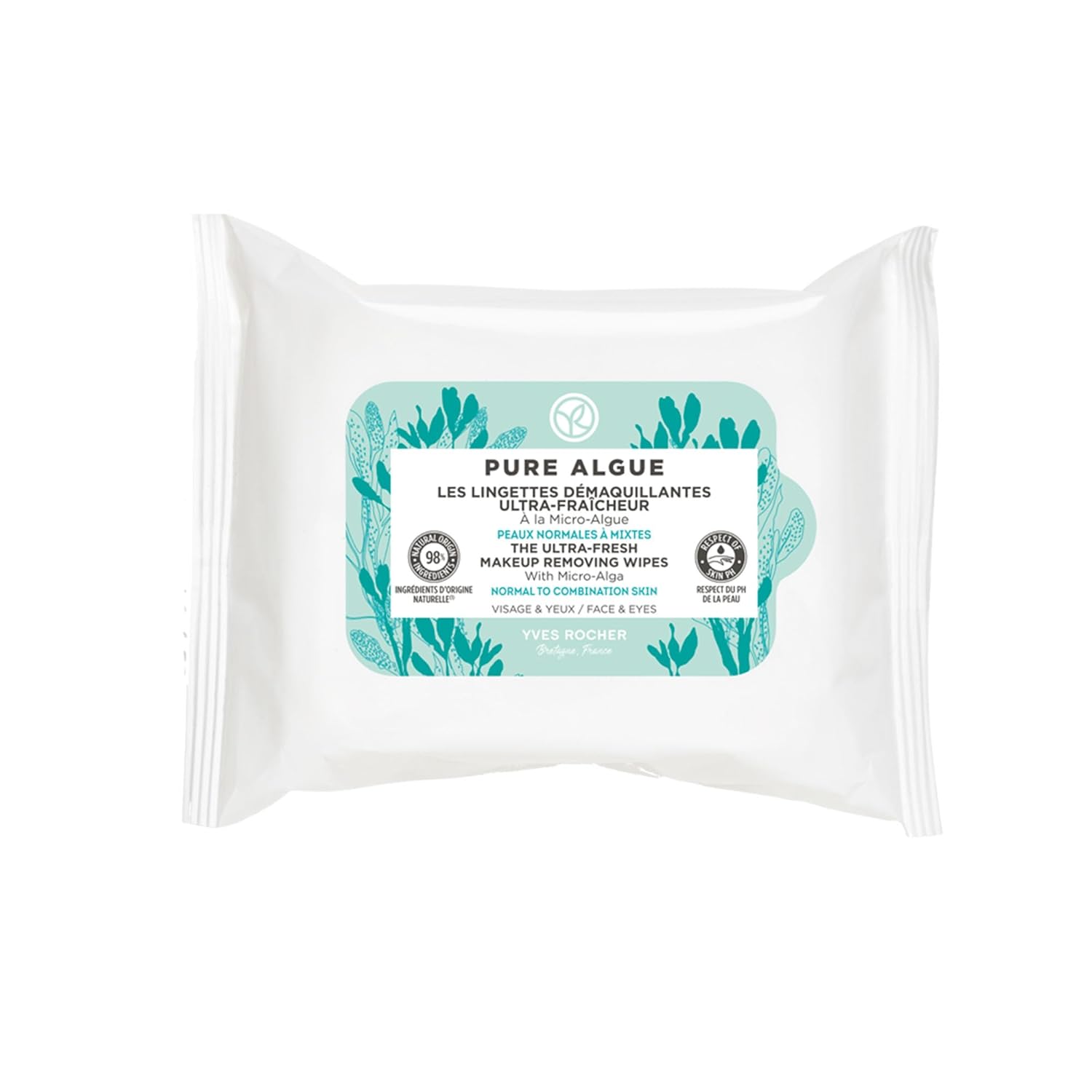 Yves Rocher Ultra-Fresh Makeup Removing Wipes for Normal to Combination Skin ? Pure Algue ? 20 Ct ? Pack of 1