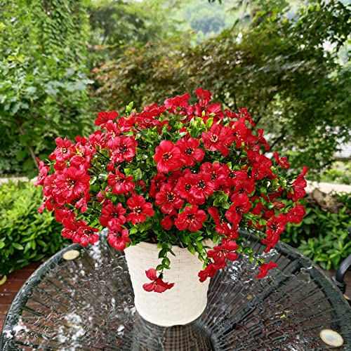 Artificial Flowers For Outdoor 4 Bundles No Fade Fake Plants Faux Outside Greenery Boxwood Plastic Shrubs Silk Flower For Home Garden Farmhouse Window Box Porch Planter Decor (Red) #TOP1