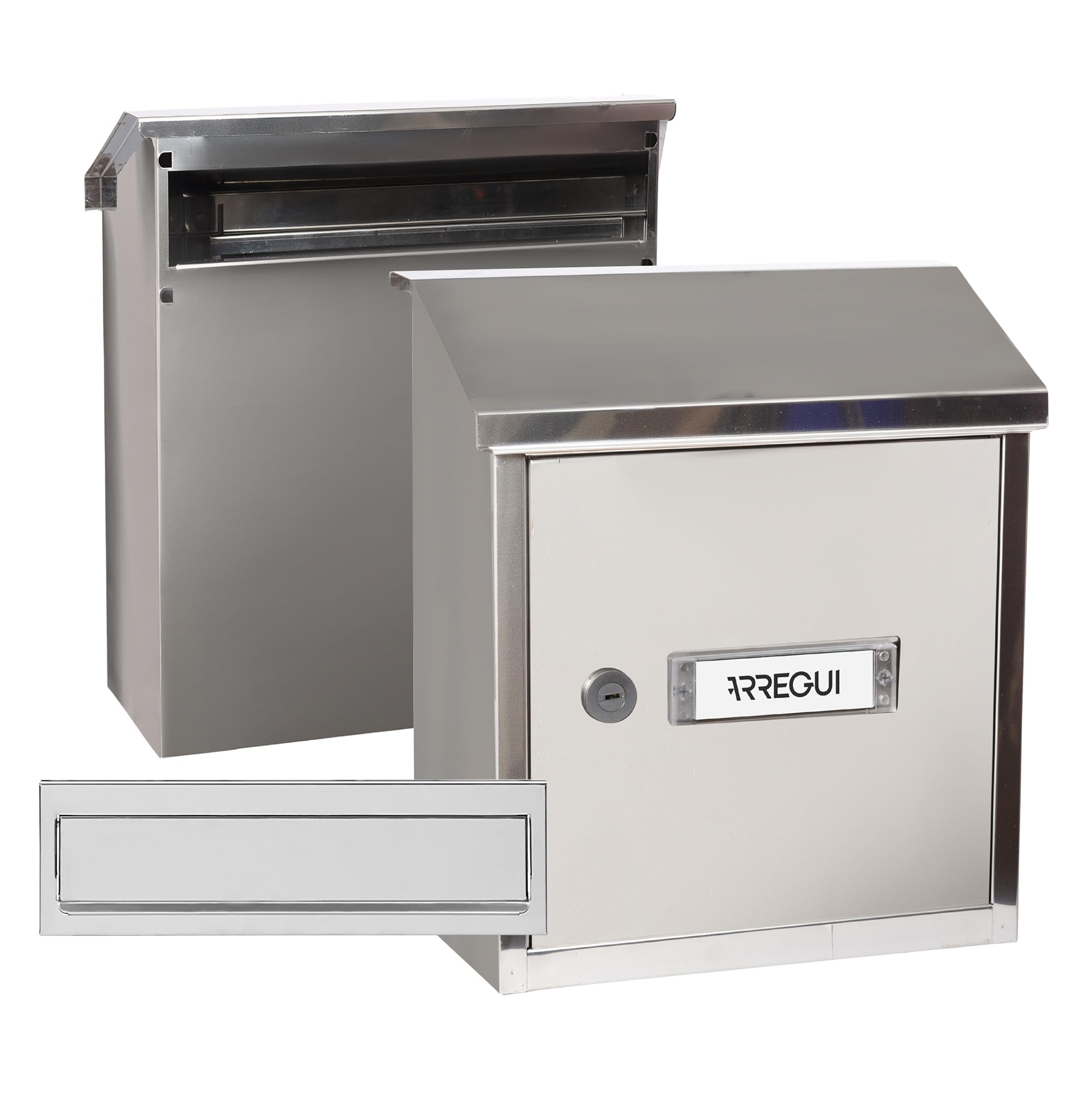 ARREGUI V4037 Pack Bouche d'entrée + Boîte aux lettre en acier inoxydable pour porte, mur et portail, Fente de 23 x 3 cm, Taille S (Courrier A5) Résistant aux intempéries, Installation facile, Inox