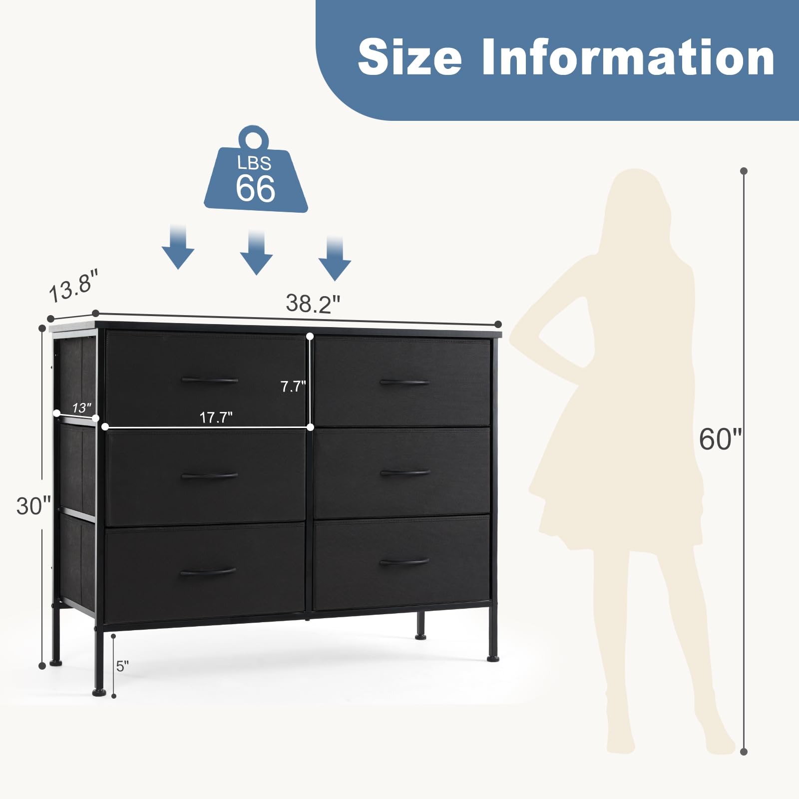 Dresser for Bedroom, Wide Drawer Dresser Organizer Storage Drawers Fabric Storage Tower with 6 Drawers, TV Stand for 45",Chest of Drawers with Steel Frame, Wood Top for Kids Room,Closet, Entryway