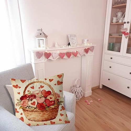 Miniatura 5 de Fundas de almohada de San Valentín de 18 x 18 pulgadas, decoración de flores, decoración de flores, cesta de corazón, funda de cojín para sofá,